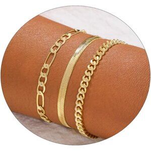 Gold Bracelet Set for Women Layered Chain Link Herringbone Adjustable Jewelry